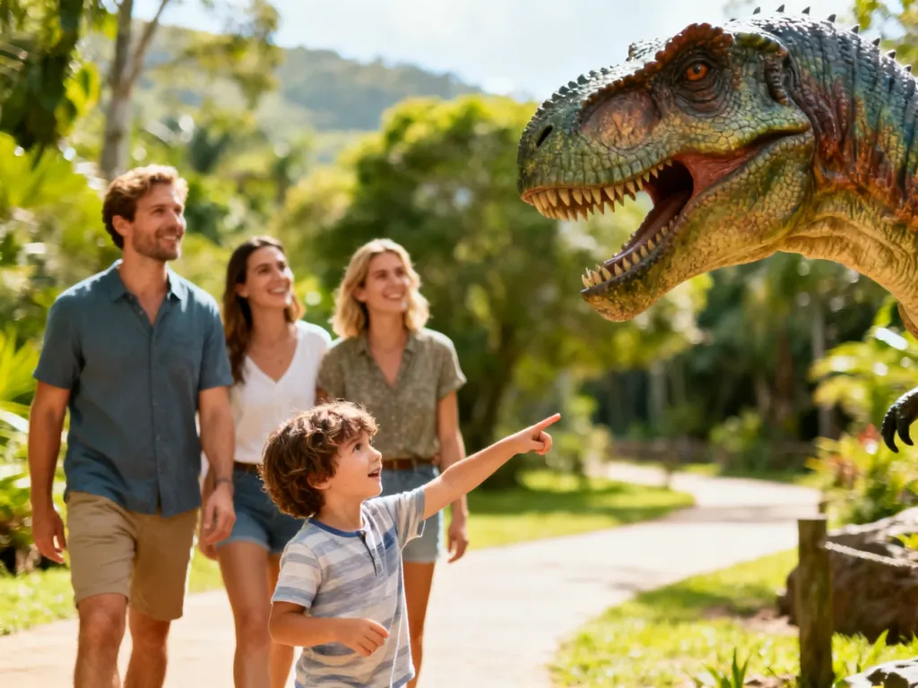 Szczęśliwa rodzina zwiedzająca park dinozaurów w Bałtowie, gdzie dziecko z entuzjazmem wskazuje na figurę prehistorycznego gada.