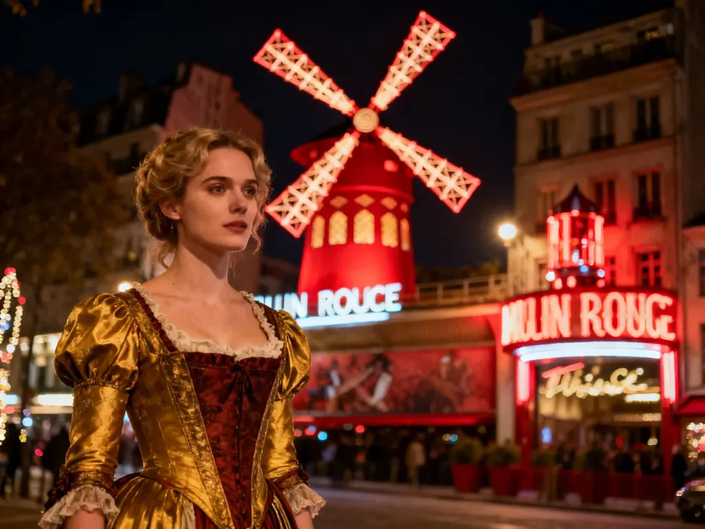 Kobieta w XIX-wiecznym stroju kabaretowym na tle oświetlonego wiatraka Moulin Rouge w Paryżu.