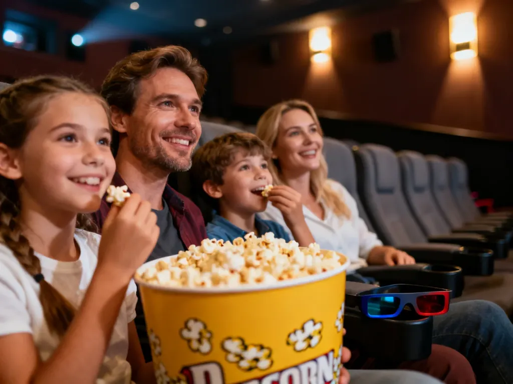 Szczęśliwa czteroosobowa rodzina jedząca popcorn w nowoczesnej sali kinowej podczas wspólnego seansu.
