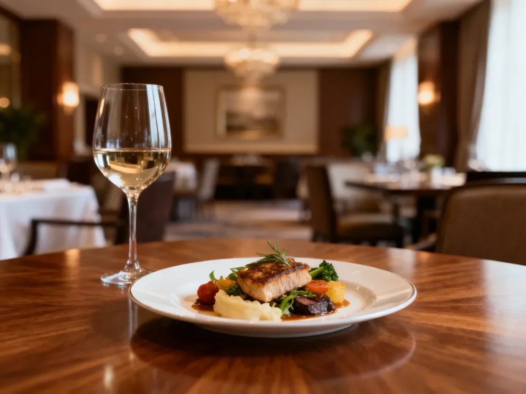 Elegancko podany posiłek z winem w hotelowej restauracji, ilustrujący ofertę wyżywienia typu half board plus.
