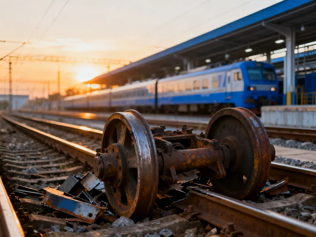 Zardzewiały i uszkodzony mechanizm koła pociągu na torach, obrazujący techniczną awarię taboru kolejowego.