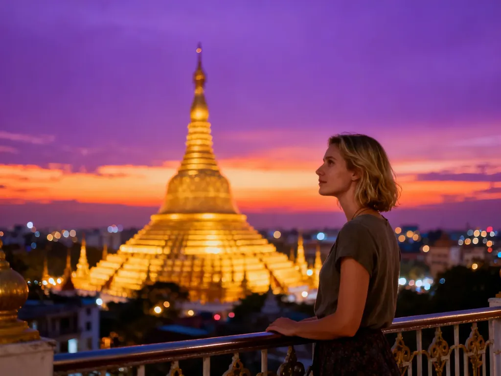Turystka podziwiająca złotą pagodę Shwedagon w Mjanmie podczas zachodu słońca.