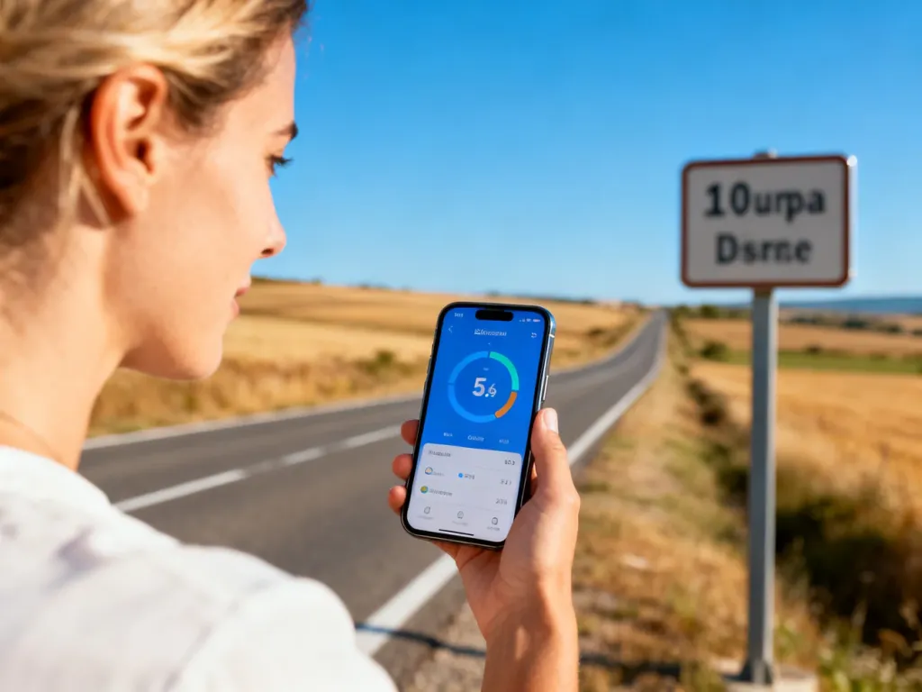 Kobieta trzymająca smartfon z aplikacją do przeliczania odległości na tle malowniczej drogi i znaku drogowego.